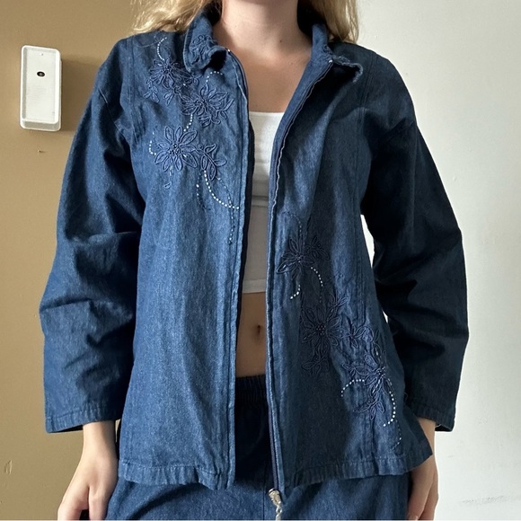 Vintage Retro 80s Jenny Bedazzled Embroidered Blue 2 Piece Set Size XL - Picture 7 of 9